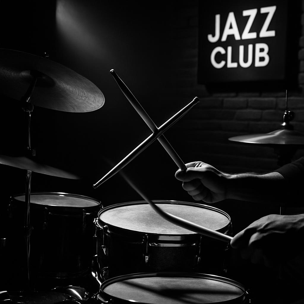 A "Jazz Club" sign with hands playing the drums is displayed, featuring a black-and-white photograph with an emphasis on t...